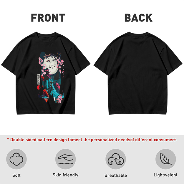 Olive T-shirt with Japanese-inspired moon and cherry blossom graphic