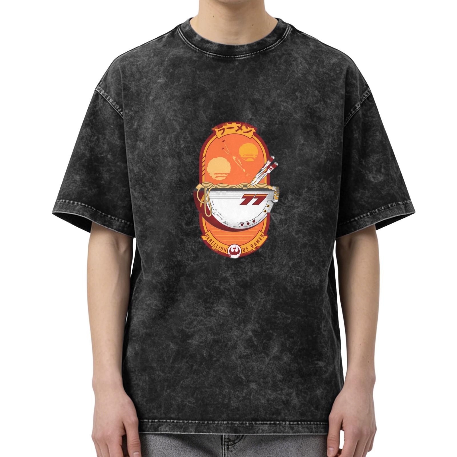 Oversized Dark Wash T-Shirt With Racer Ramen Graphic