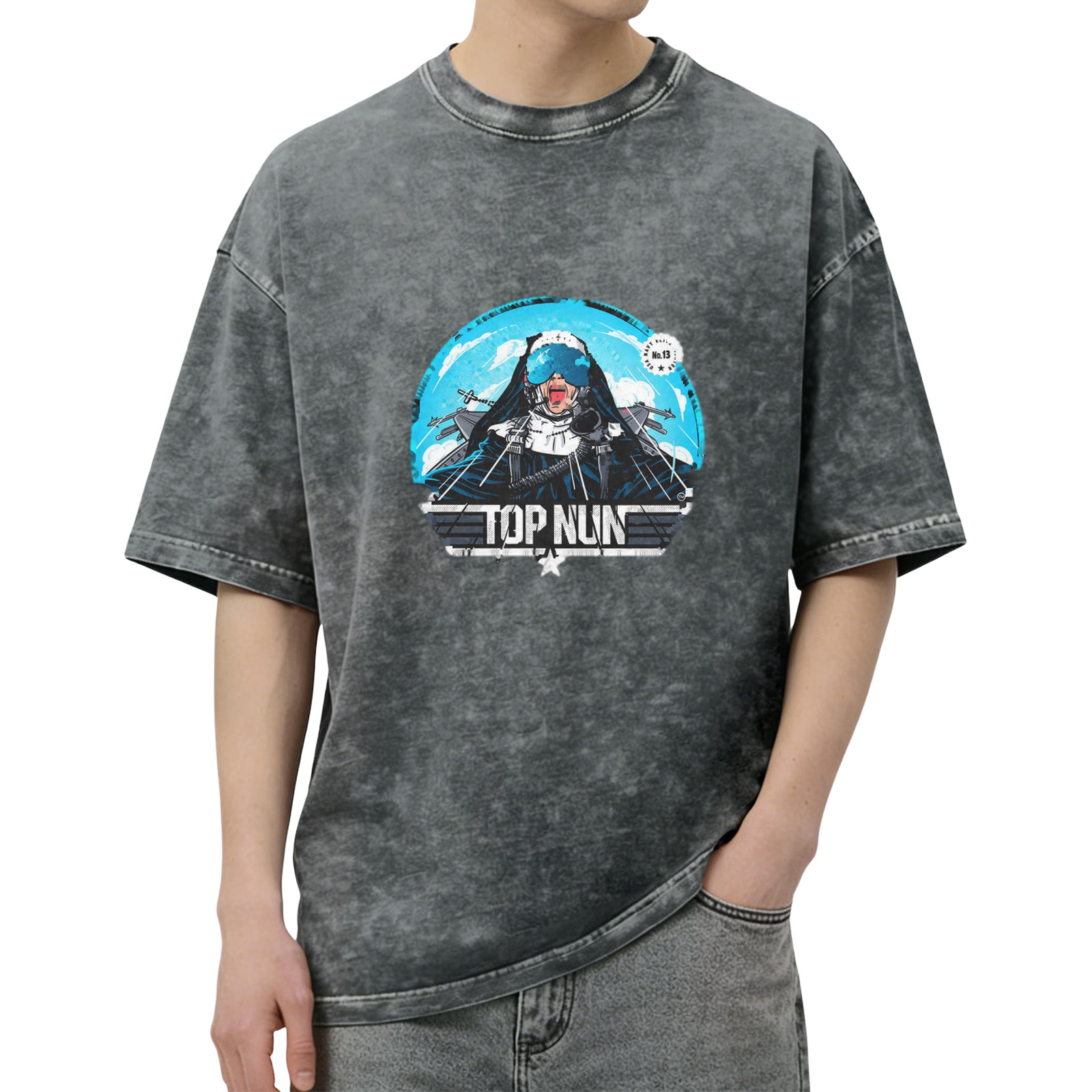 Oversized Dark Wash Graphic Tee With Top Nun Pilot Print