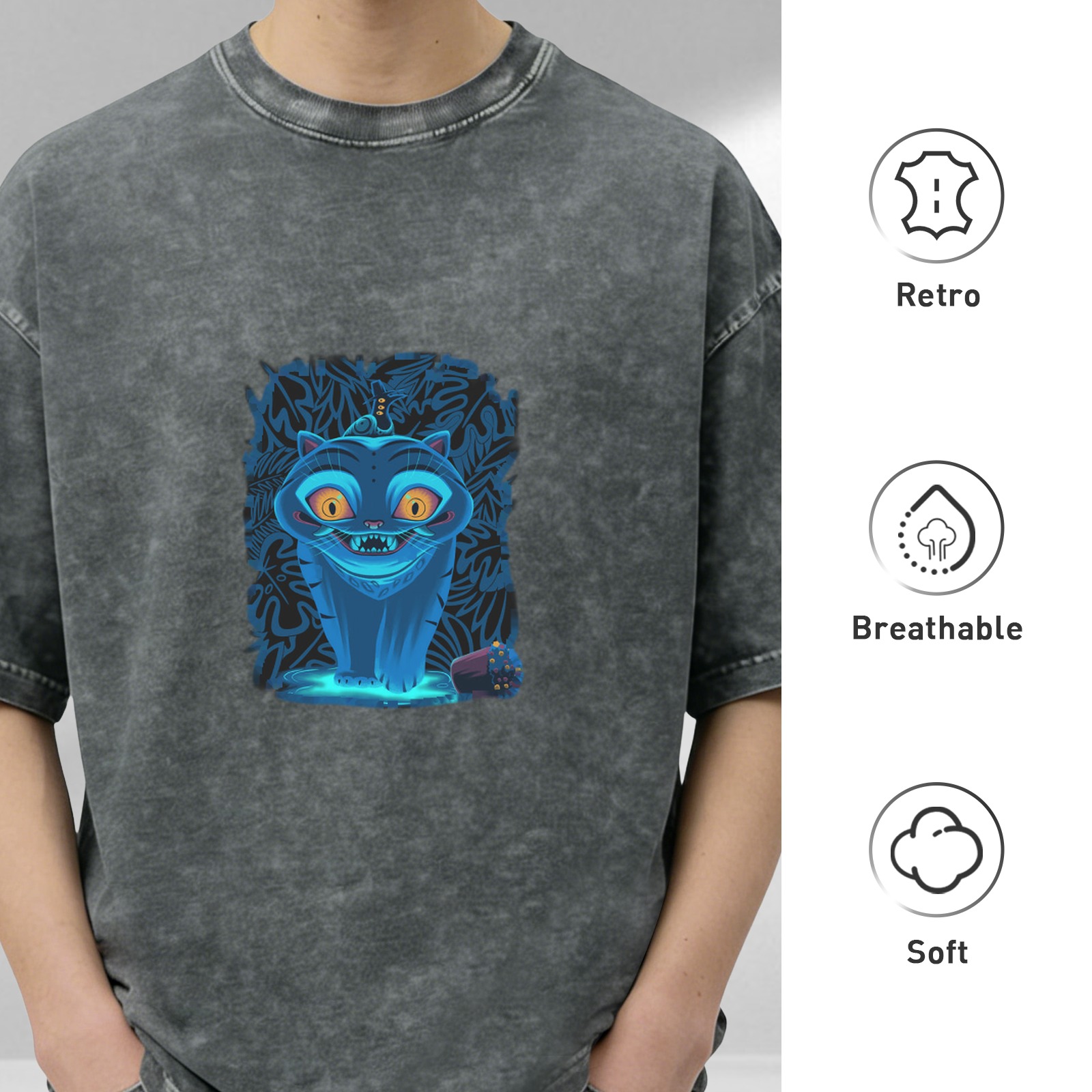 Distressed washed black loose short-sleeved T-shirt Cheshire Cat print