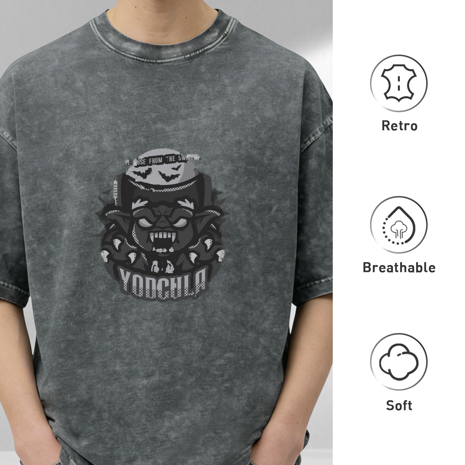Oversized dark washed graphic t-shirt with vampire monster print