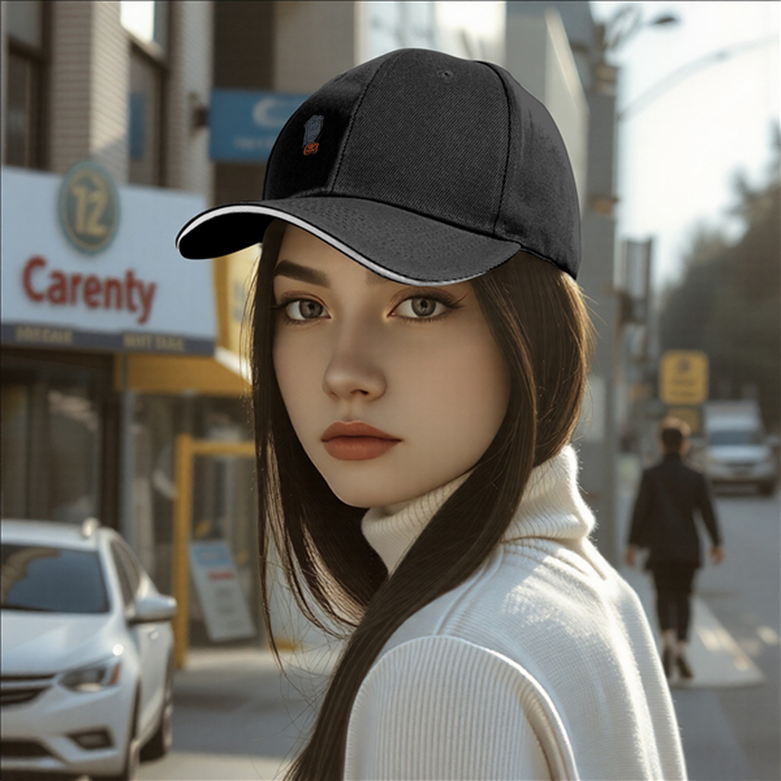 Black Baseball Cap with Halloween Tombstone and Jack-o'-lantern Graphic
