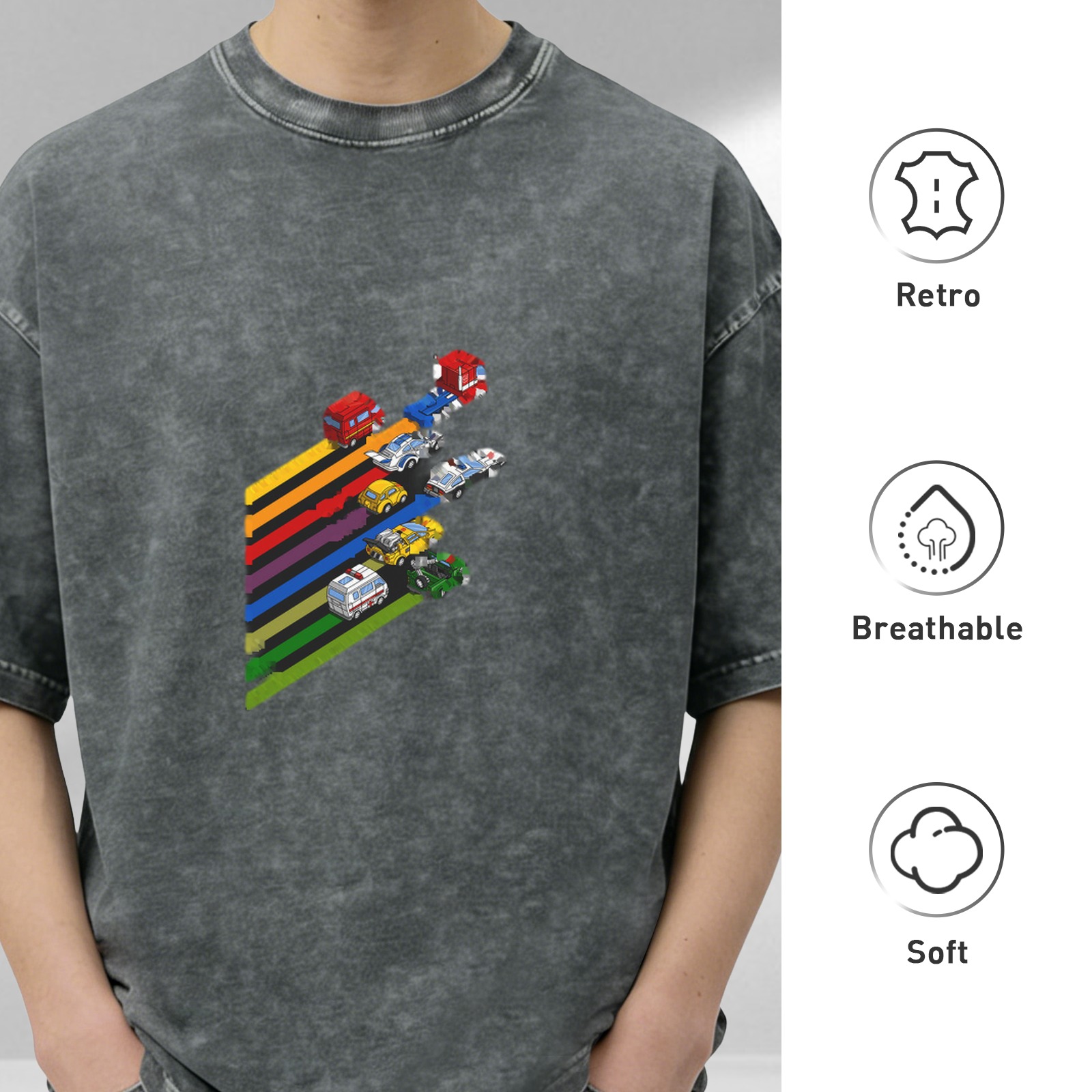 Washed black graphic t-shirt with retro vehicle rainbow stripes design