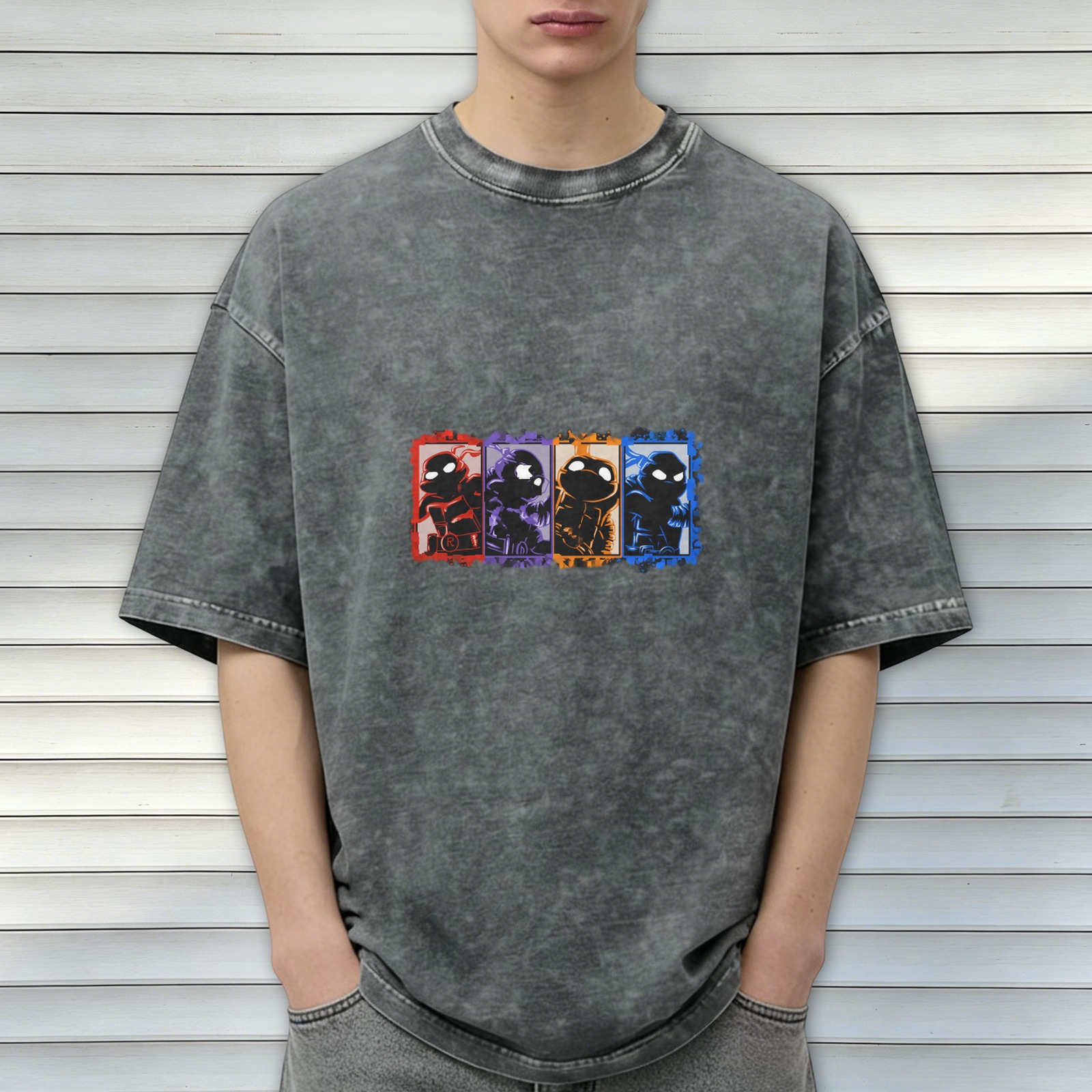 Washed Black T-Shirt with Ninja Turtle Character Panels