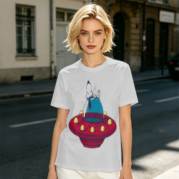 Olive T-Shirt Featuring Snoopy Relaxing in a Red UFO