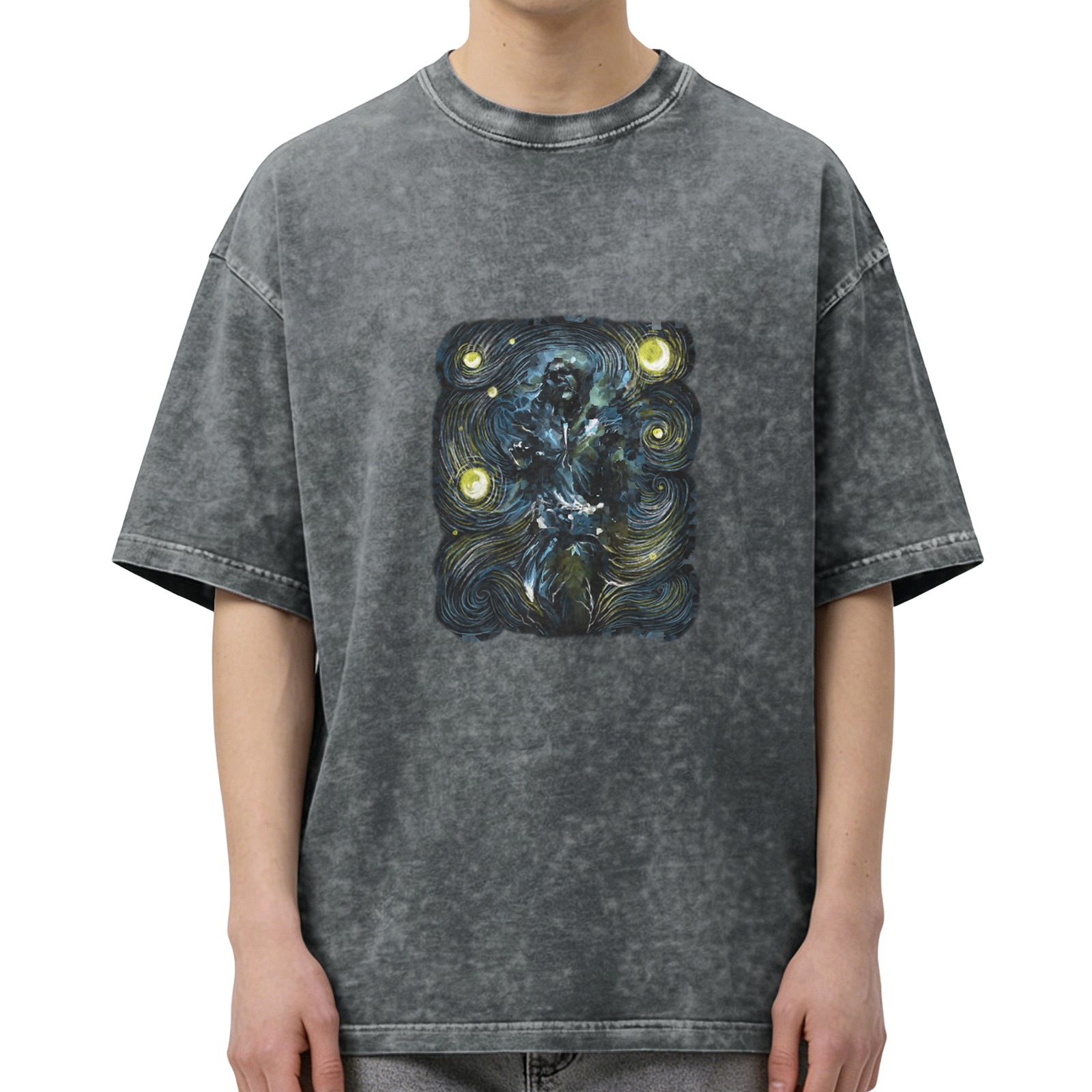 Oversized Acid Wash T-Shirt with Starry Night Style Graphic Print