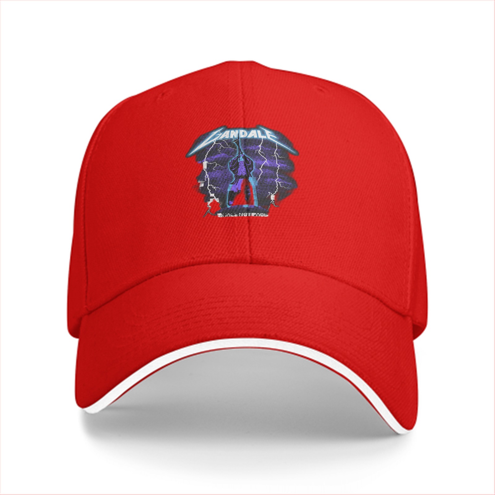 Black baseball cap with lightning graphic and text print
