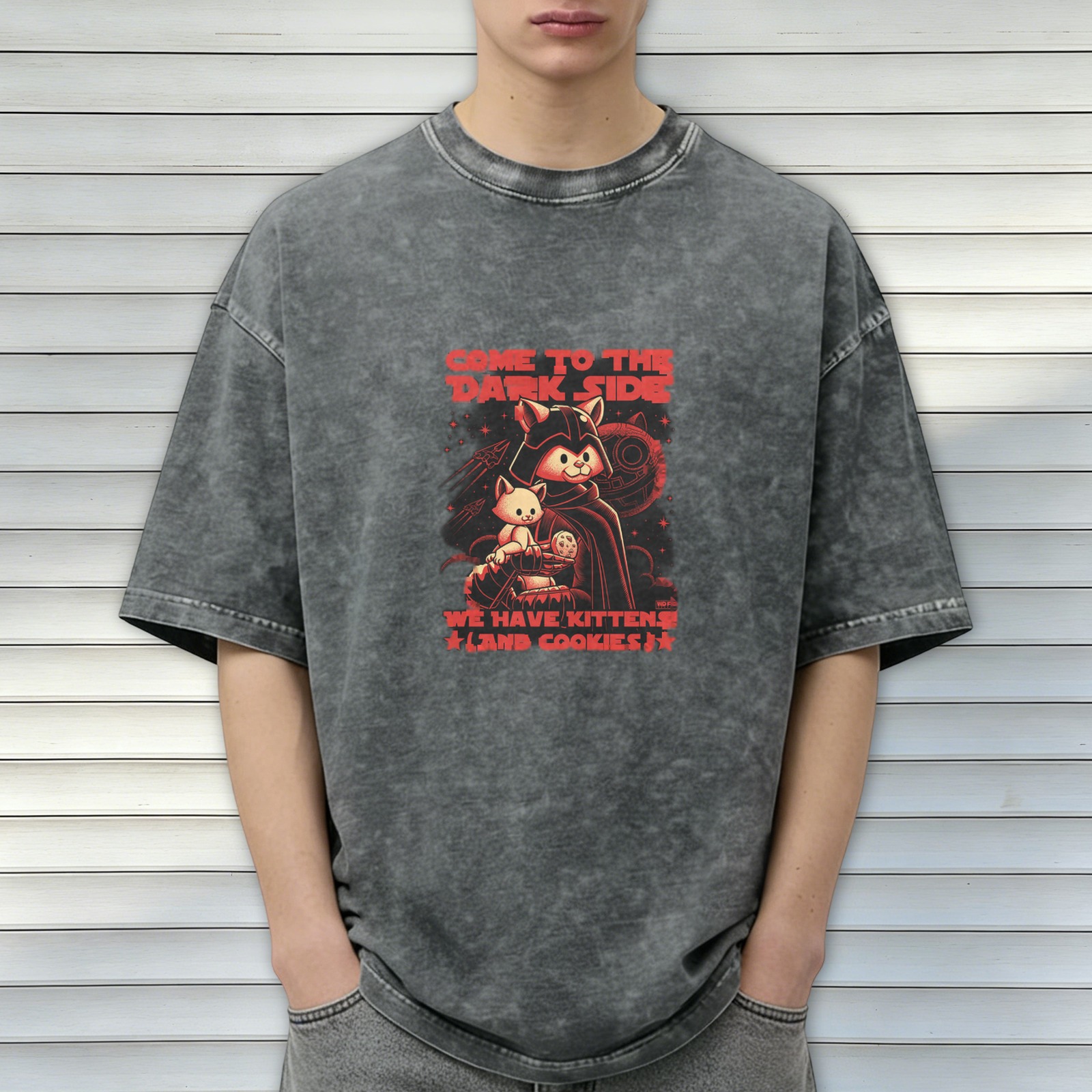 Dark side cat kitten cookie graphic acid wash t-shirt