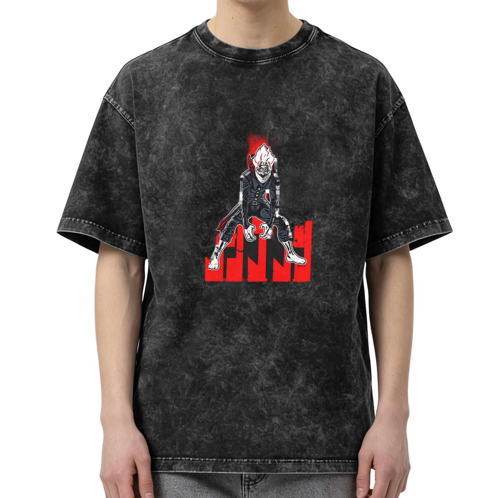 Oversized dark washed graphic t-shirt with anime villain print