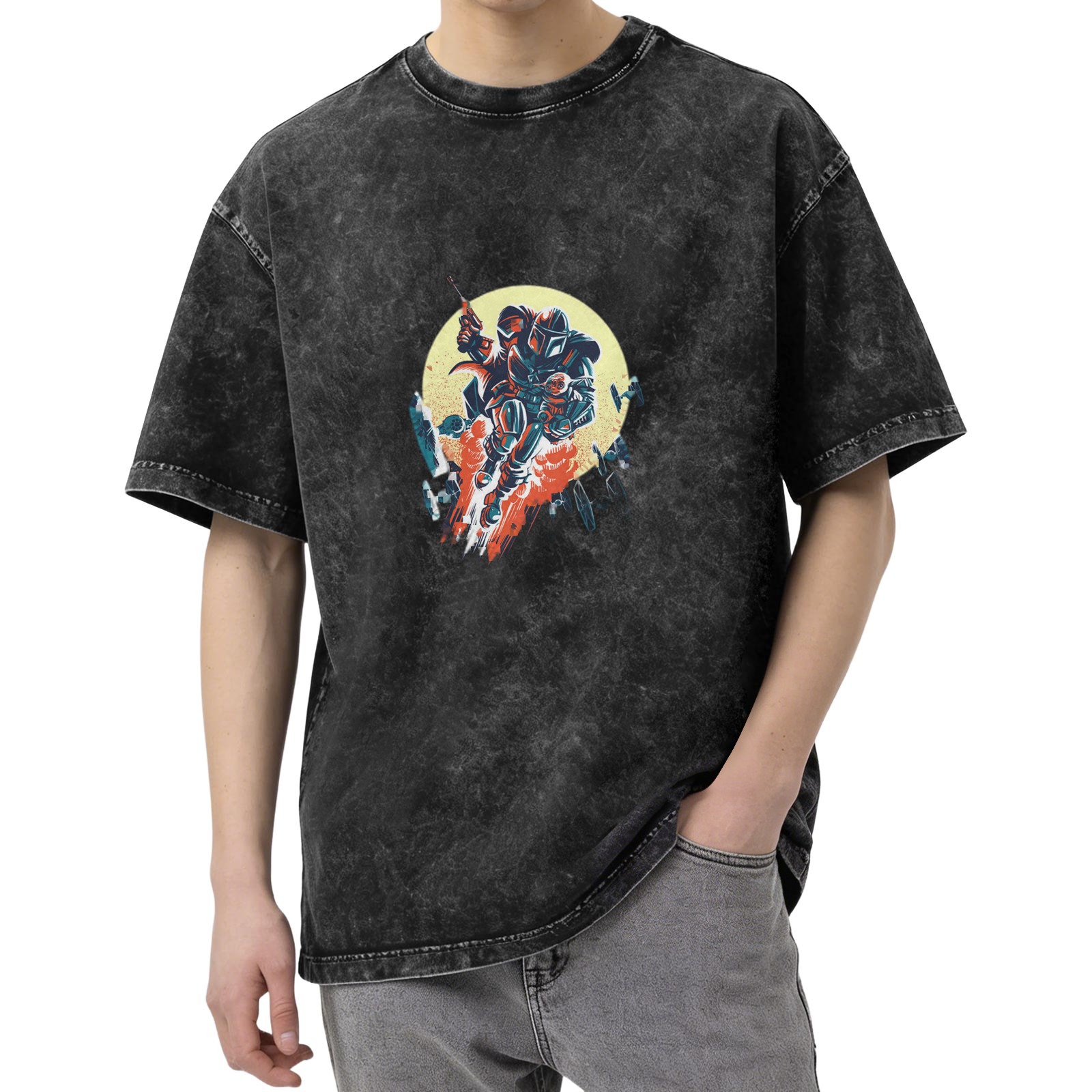 Washed Black Oversized T-Shirt with Sci-Fi Warrior Graphic Print