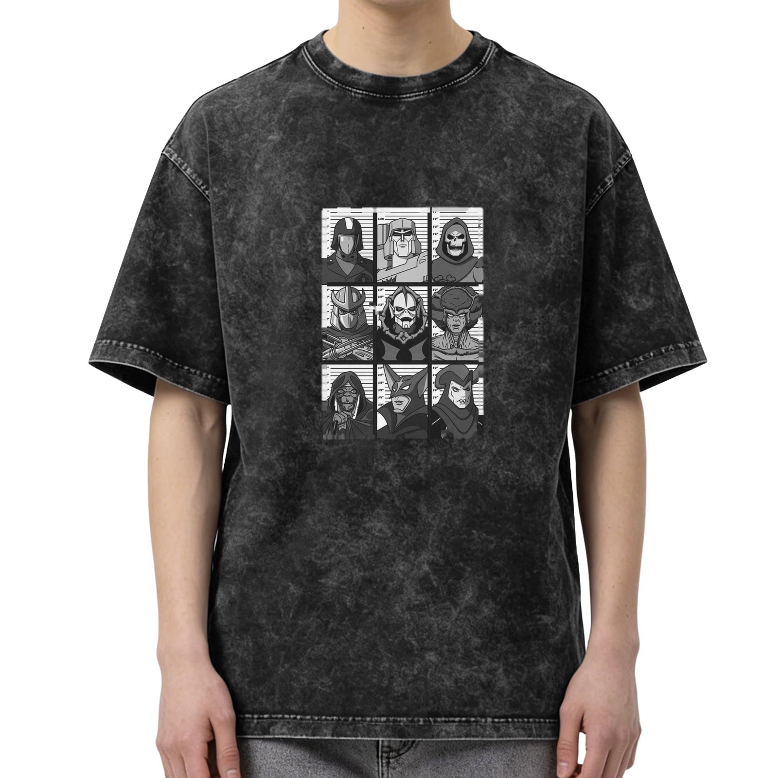 Retro villain character mugshot grid acid wash graphic t-shirt