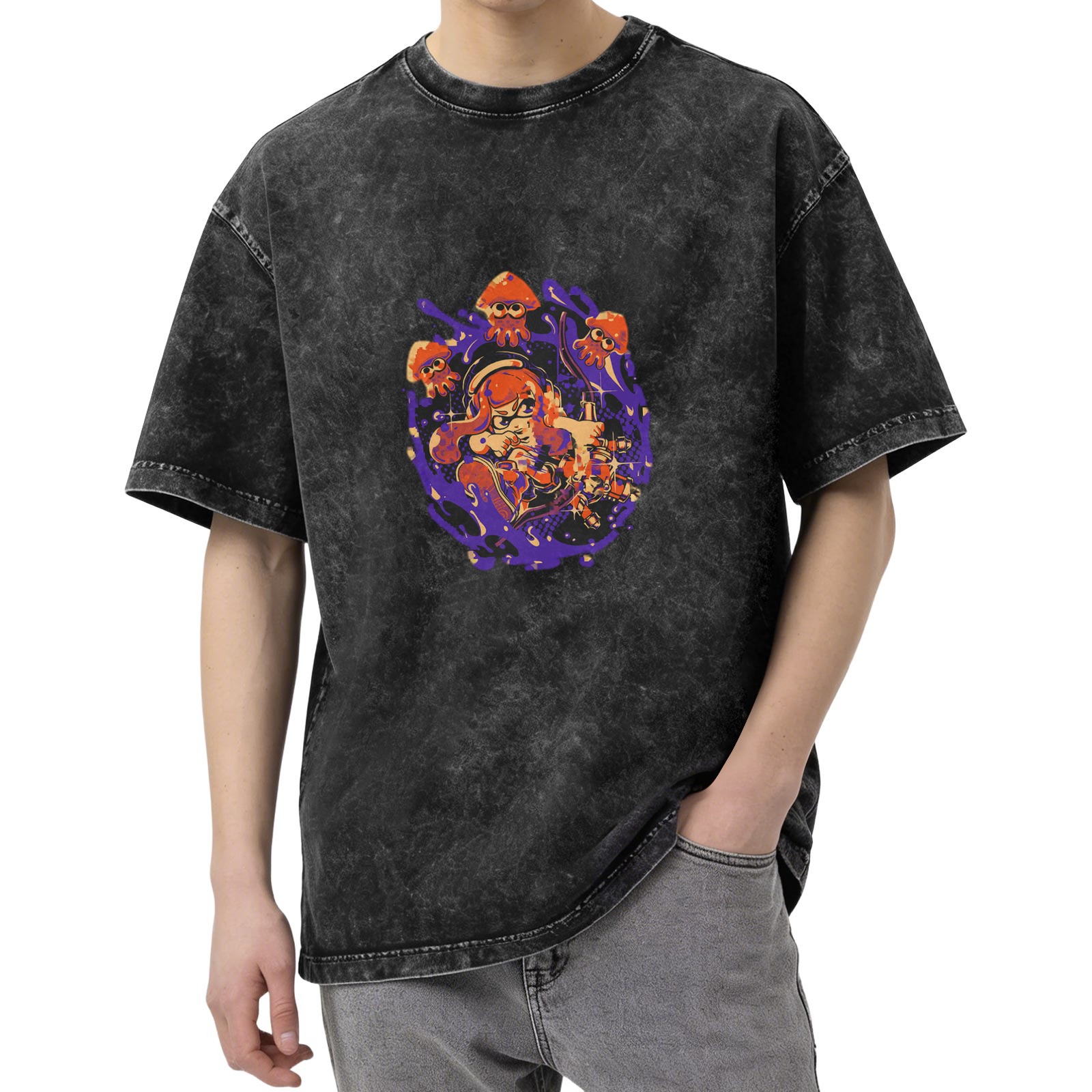 Washed black graphic t-shirt with Splatoon style inkling and squid design