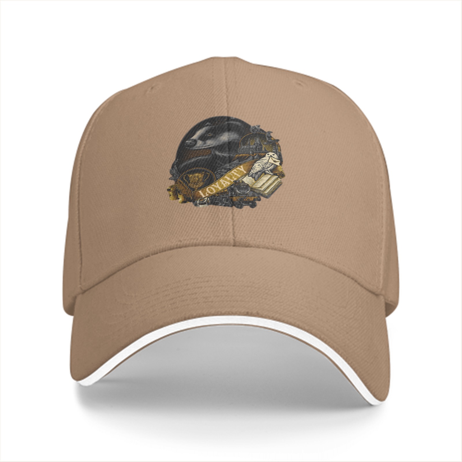 Black baseball cap with Hufflepuff loyalty badger crest print