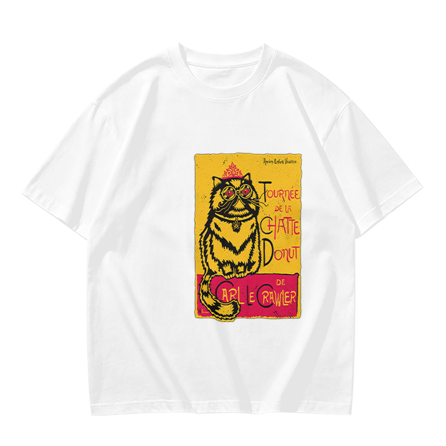 Olive T-shirt with a whimsical cat graphic print