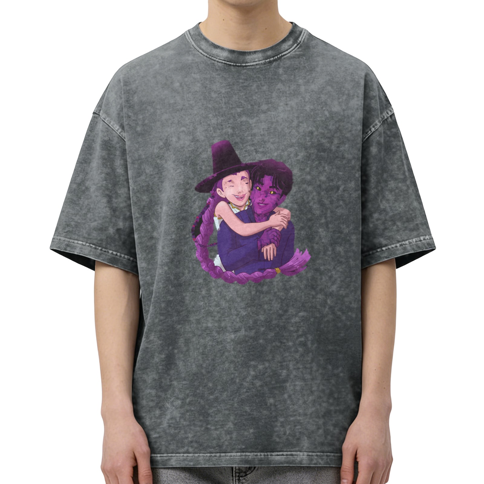 Oversized dark washed graphic tee with anime couple embrace print