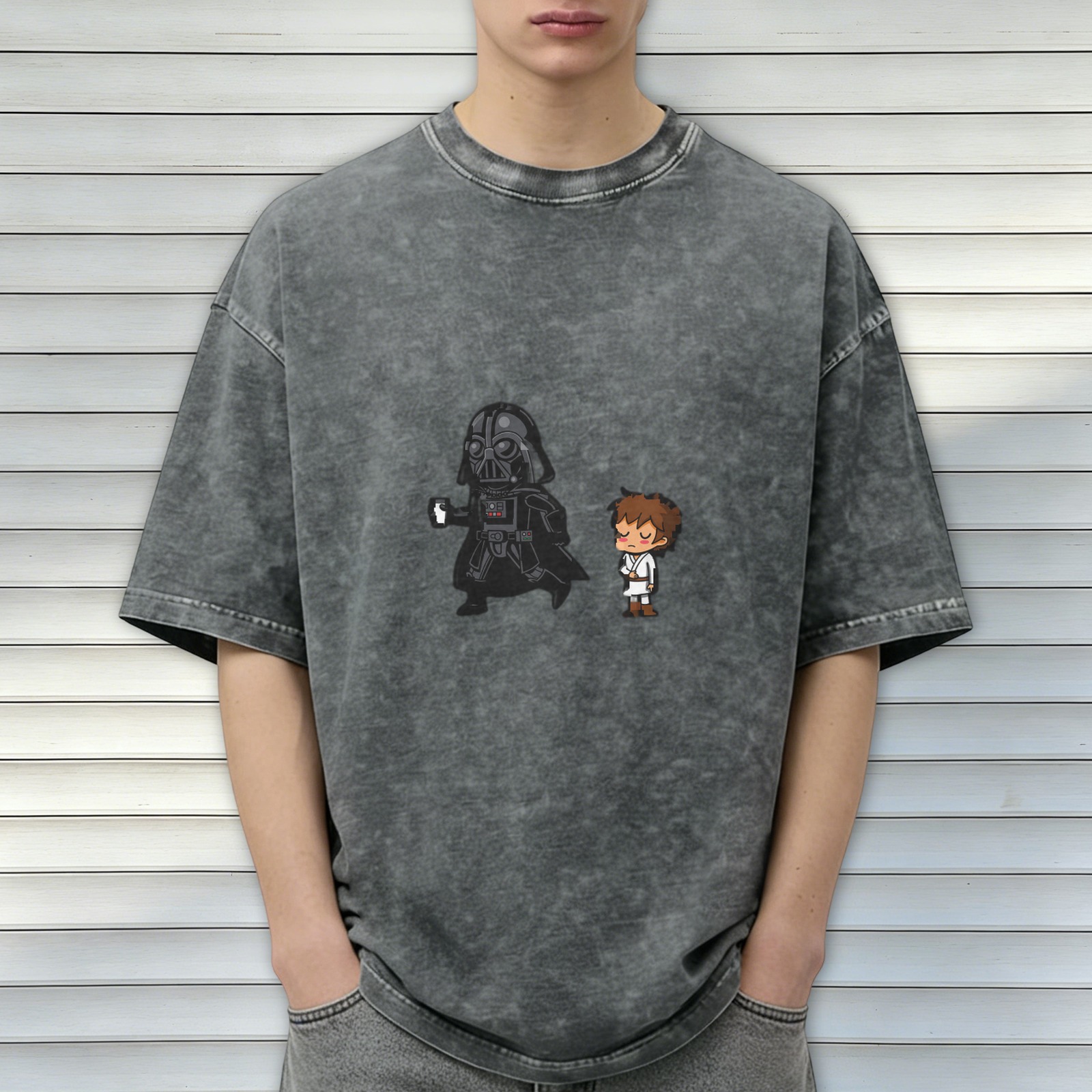 Washed Black T-Shirt With Cute Star Wars Character Art