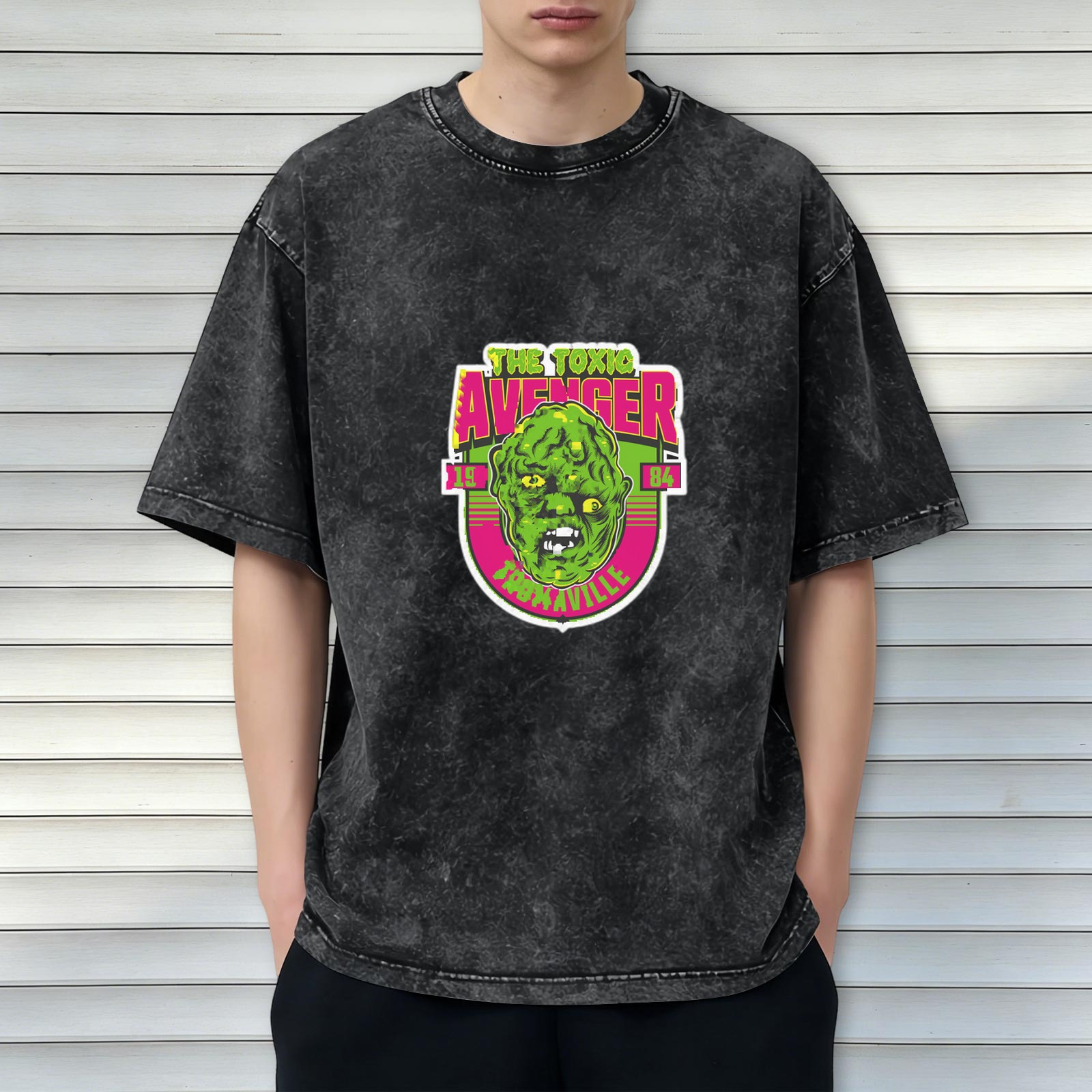 Washed Black T-Shirt with The Toxic Avenger 1984 Tromaville Print