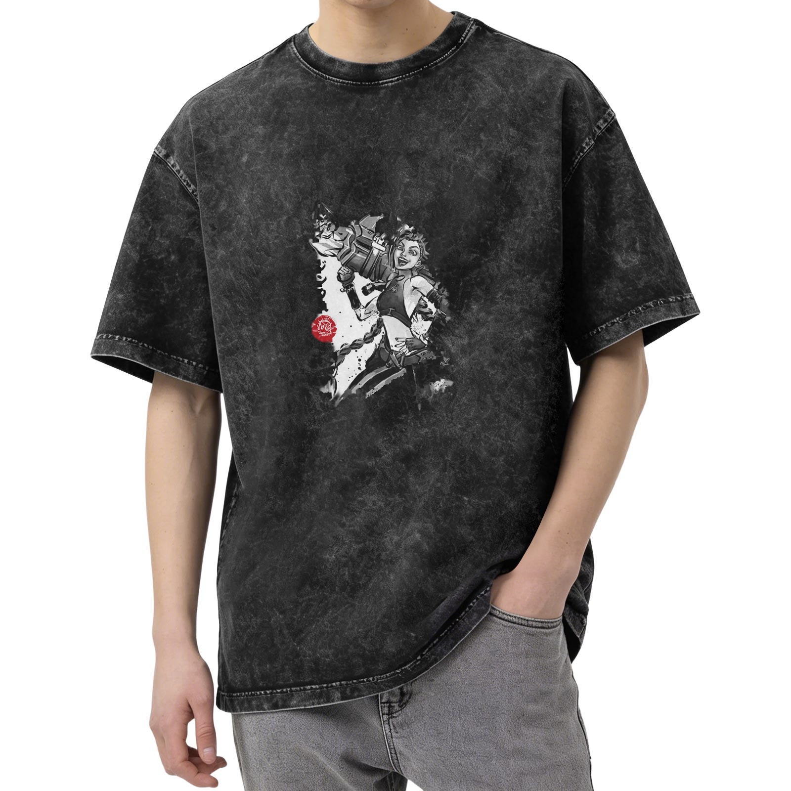 Oversized Dark Wash T-Shirt with Anime Character Graphic Print