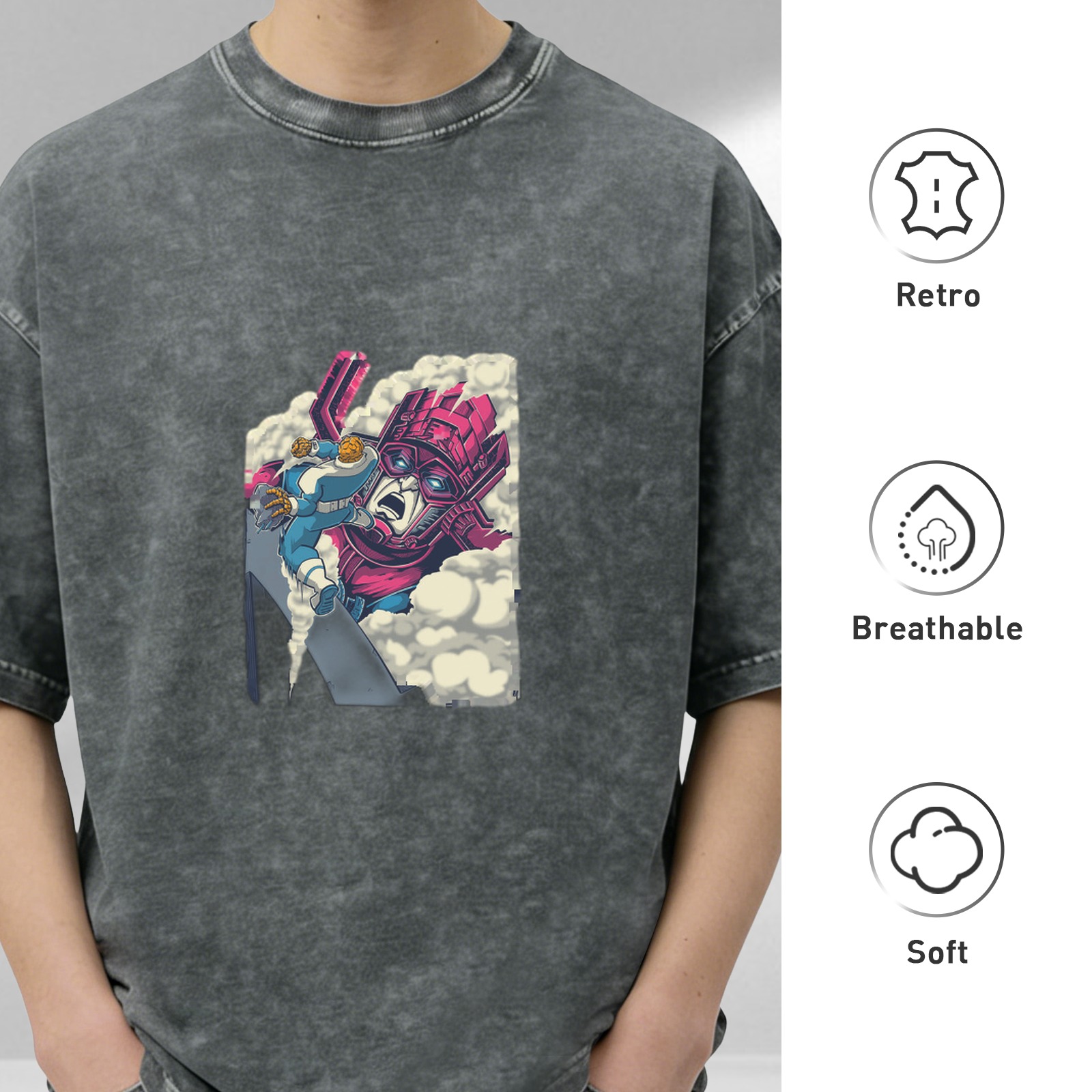 Oversized Acid Wash T-Shirt With Retro Superhero Comic Print