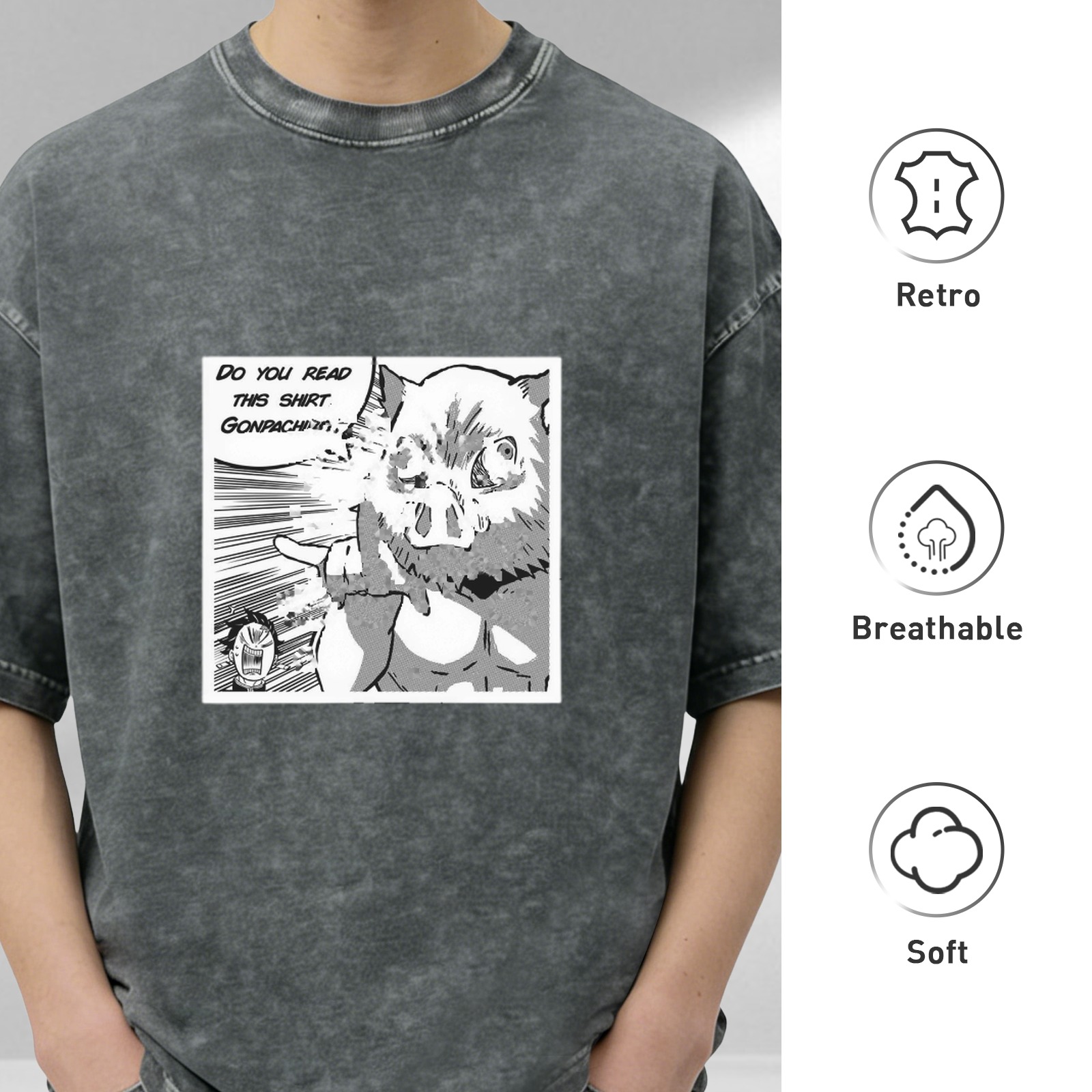 oversized acid wash manga panel t-shirt with do you read this shirt gonpachiro print