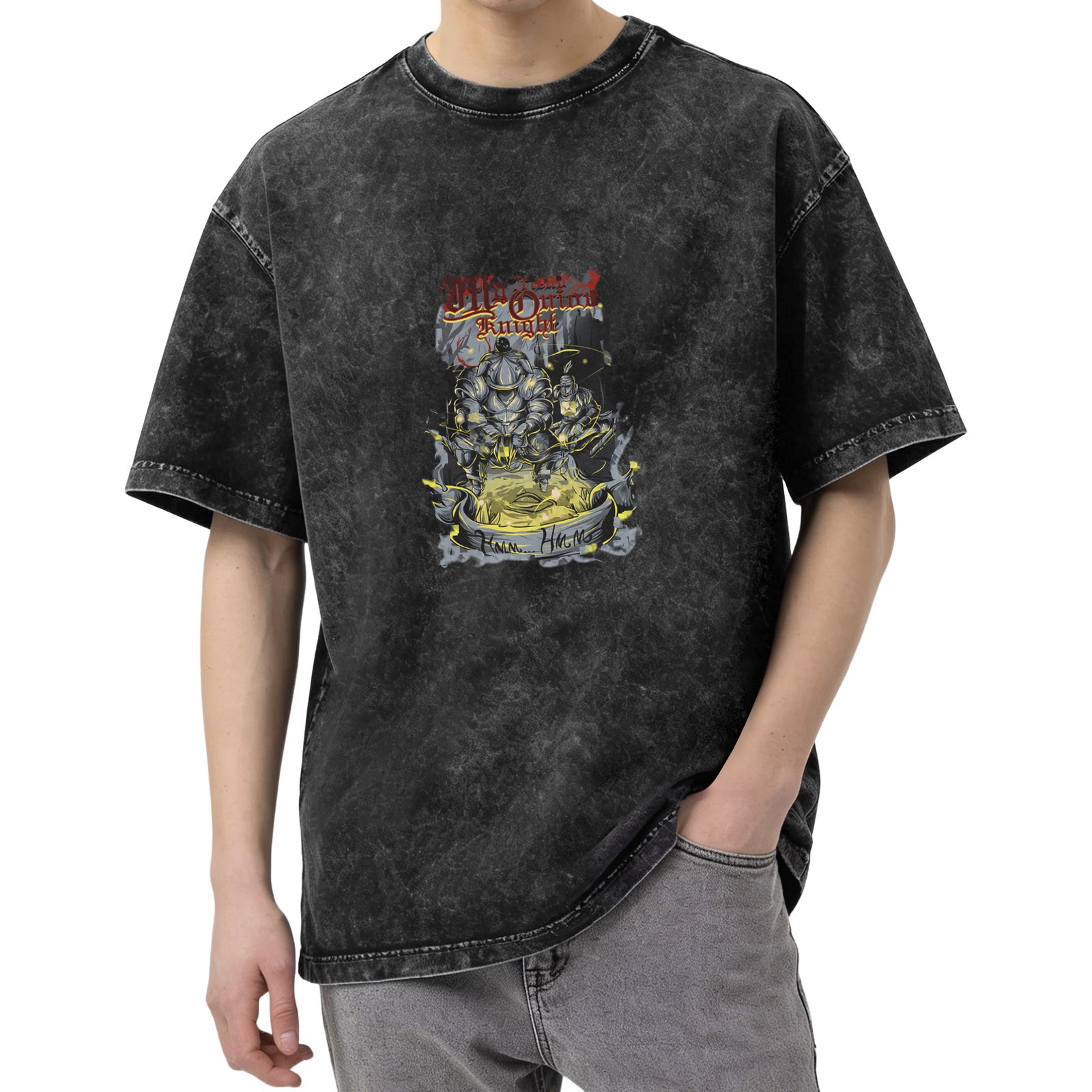 Oversized Stonewashed Black T-Shirt With Fantasy Knight Graphic Print
