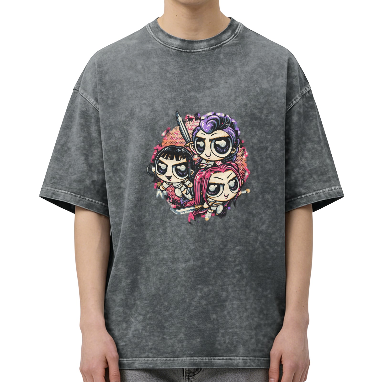 Distressed washed black cartoon print short-sleeved T-shirt