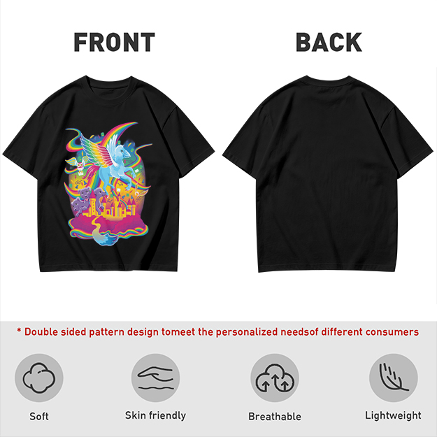 Olive T-Shirt With Whimsical Rainbow Fantasy Creature Castle Art