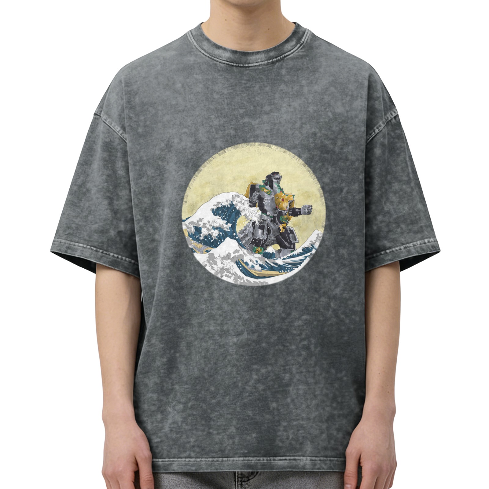 Oversized Acid Wash T-Shirt with Great Wave of Kanagawa x Mecha Robot Graphic Print