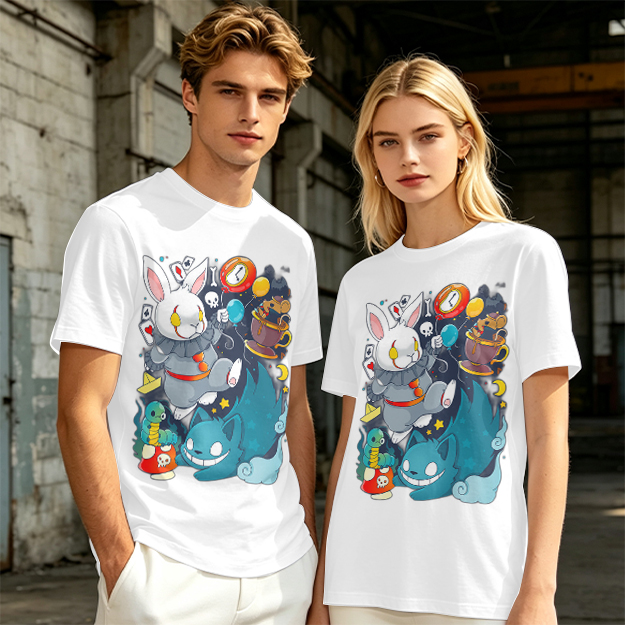 Alice in Wonderland Themed Graphic T-Shirt with Whimsical Characters