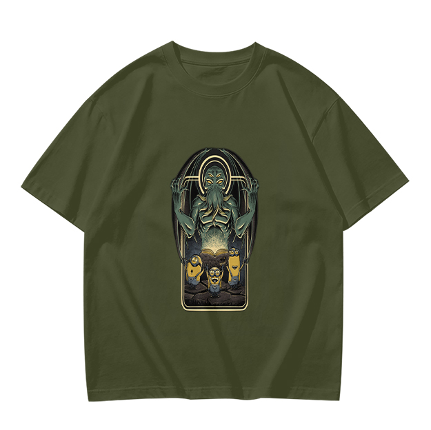 Olive Green T-Shirt with Cthulhu and Minions Graphic Print