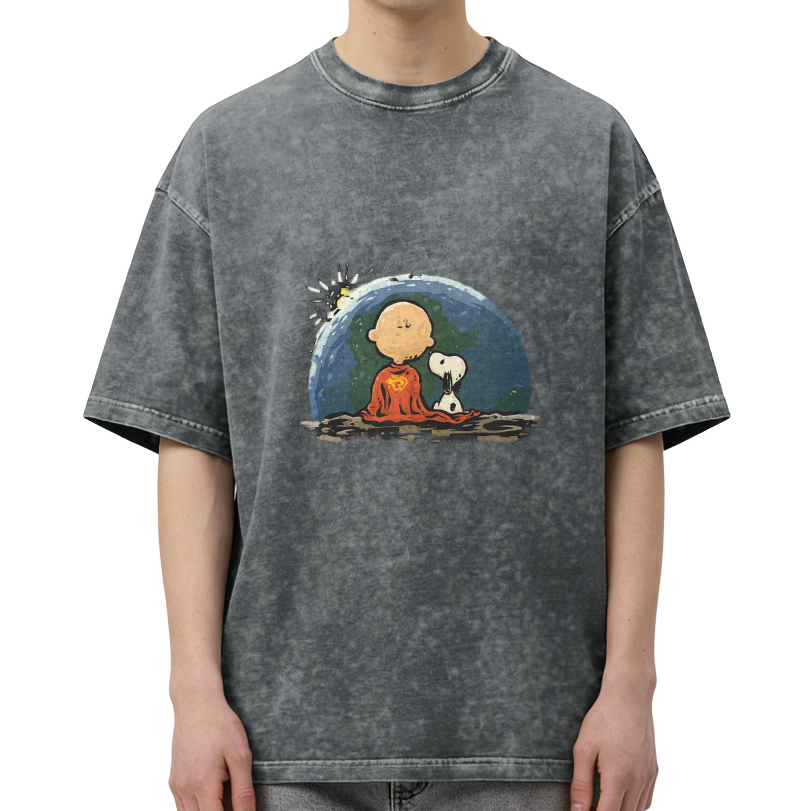 Washed distressed black loose short-sleeved T-shirt Peanuts comic Charlie Brown Snoopy printed top