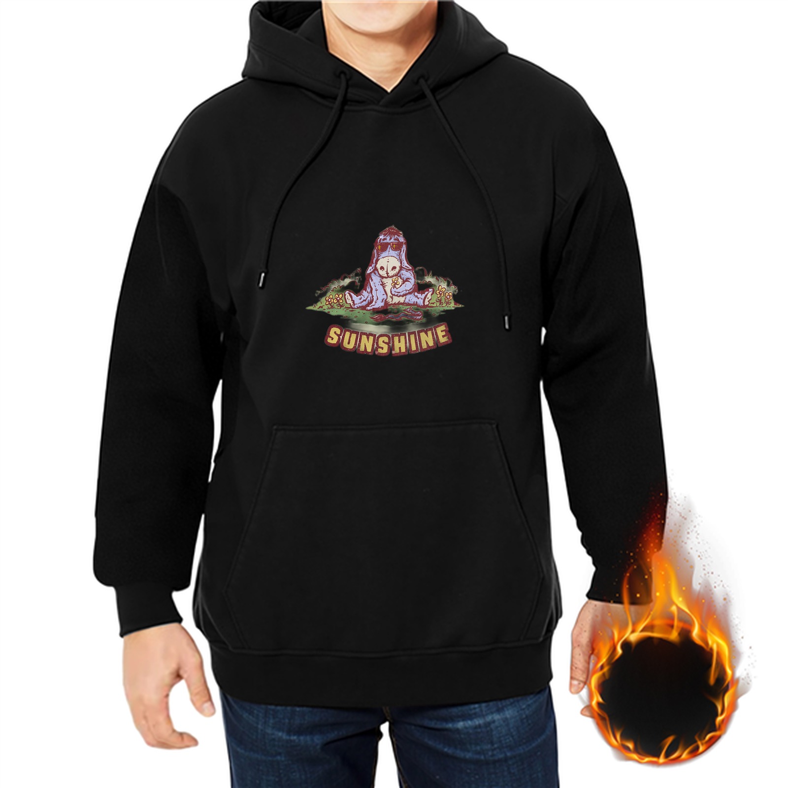 Black hoodie with Eeyore graphic and sunshine text print