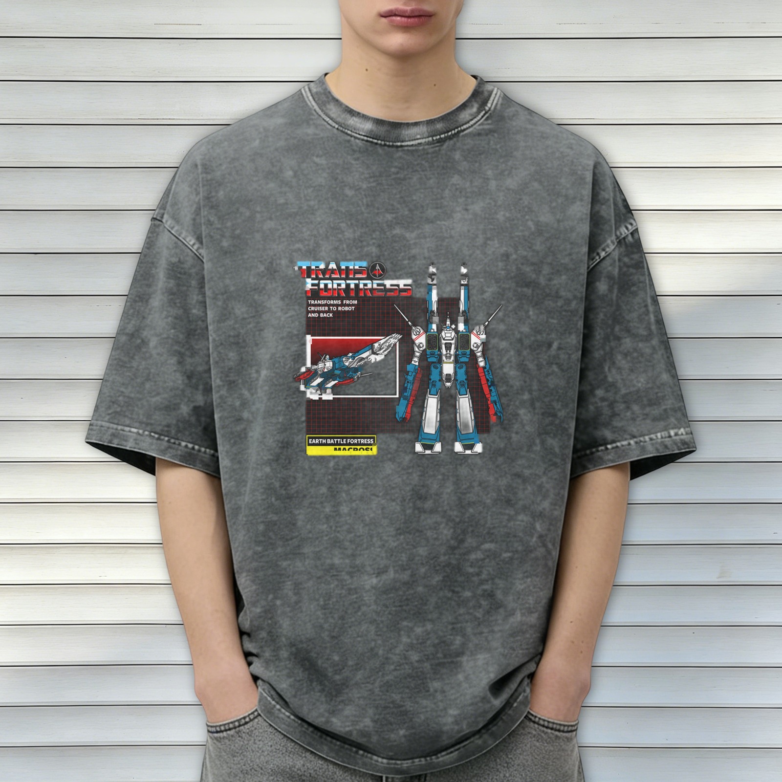 Retro distressed washed black short-sleeved T-shirt Battlestar mecha-themed printed loose top