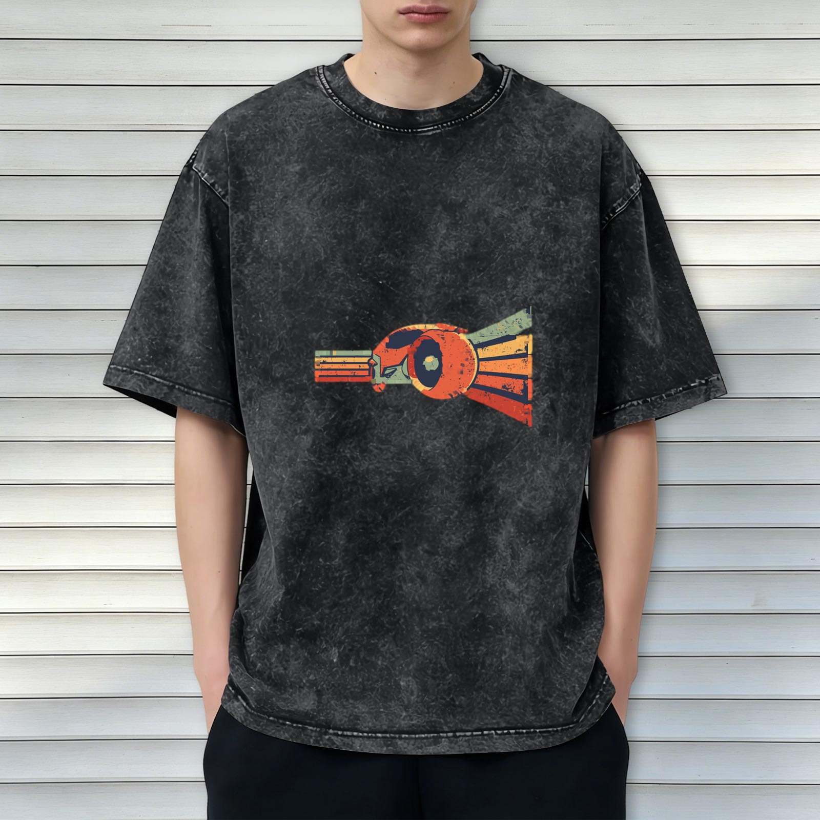Distressed washed black loose short-sleeved T-shirt Retro style graphic print top