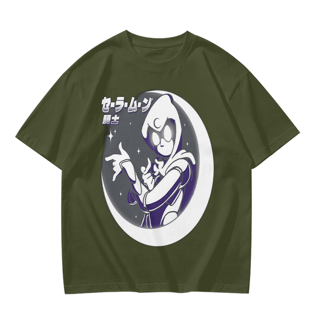 Olive T-shirt with Moon Warrior Anime Graphic Print