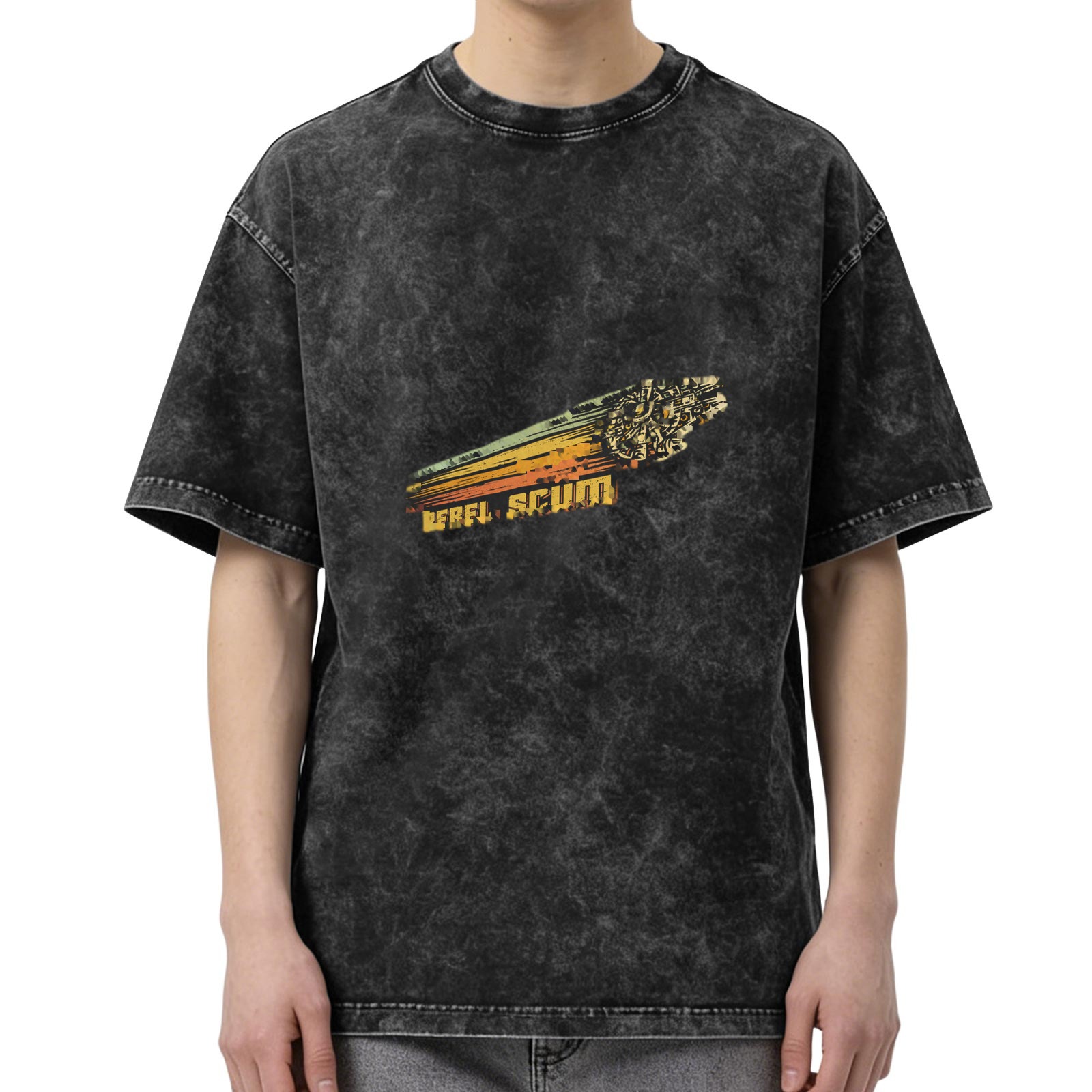 Distressed washed black short-sleeved T-shirt Star Wars themed pattern Rebel Scum Millennium Falcon print loose fit