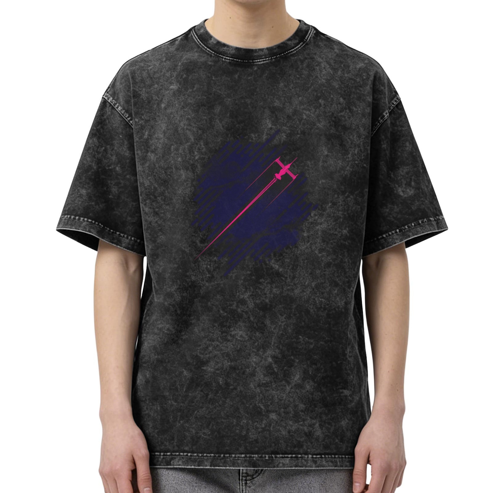 Distressed washed black loose short-sleeved T-shirt with pink and purple fighter print