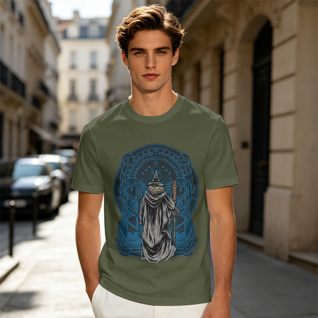 Olive T-Shirt With Wizard Standing Before Ornate Blue Arch Print