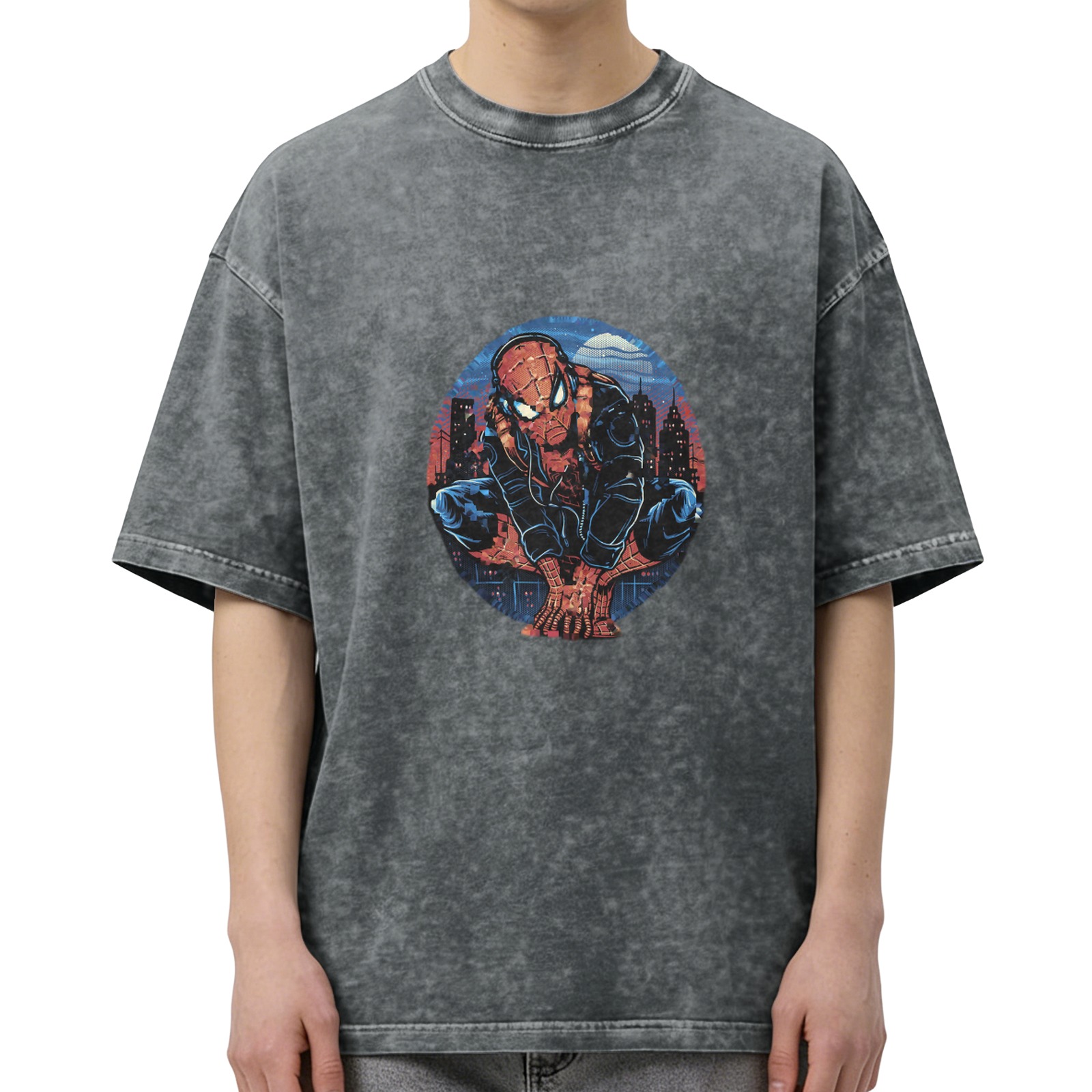 Oversized Acid Wash T-Shirt with Spider-Man Cityscape Graphic