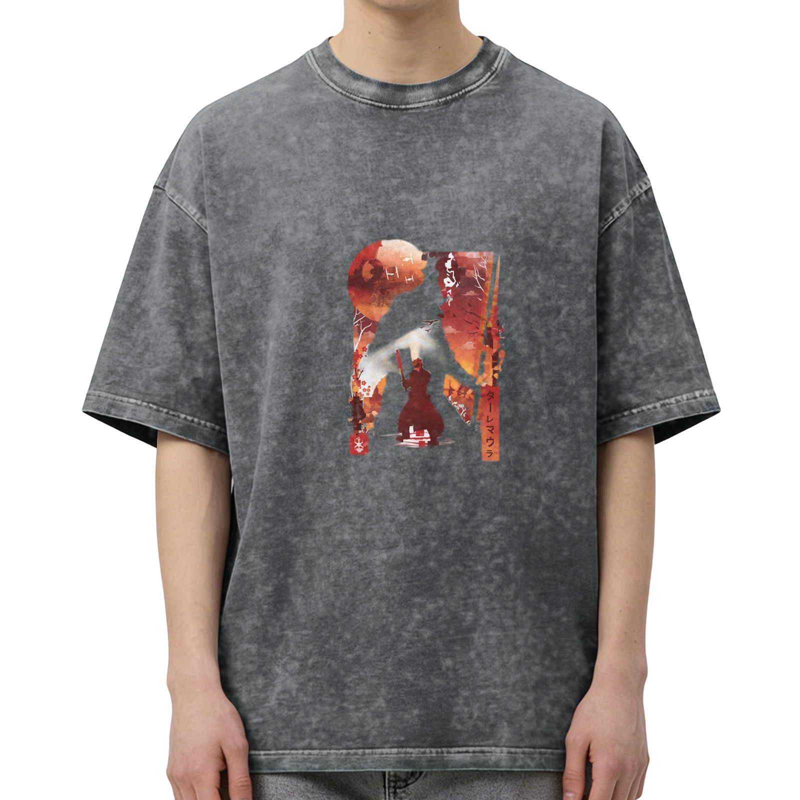 Oversized Acid Wash T-Shirt With Japanese Themed Monster Art Print