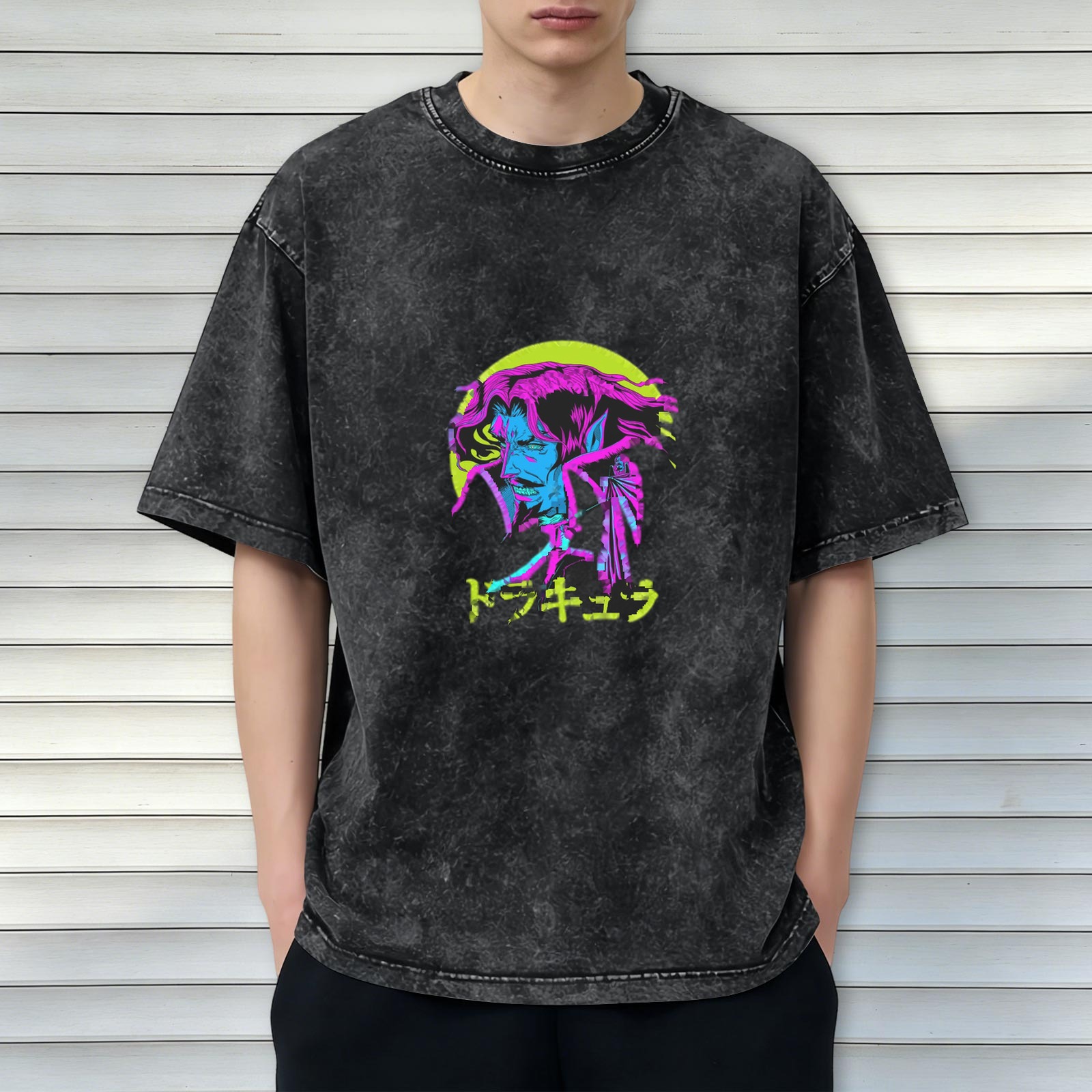 Distressed washed black loose short-sleeved T-shirt anime vampire Dracula neon style print Japanese Japanese design trendy brand top