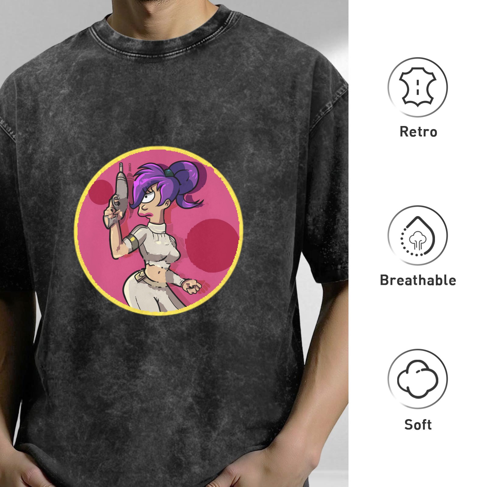 Washed black graphic tee with futuristic space character print