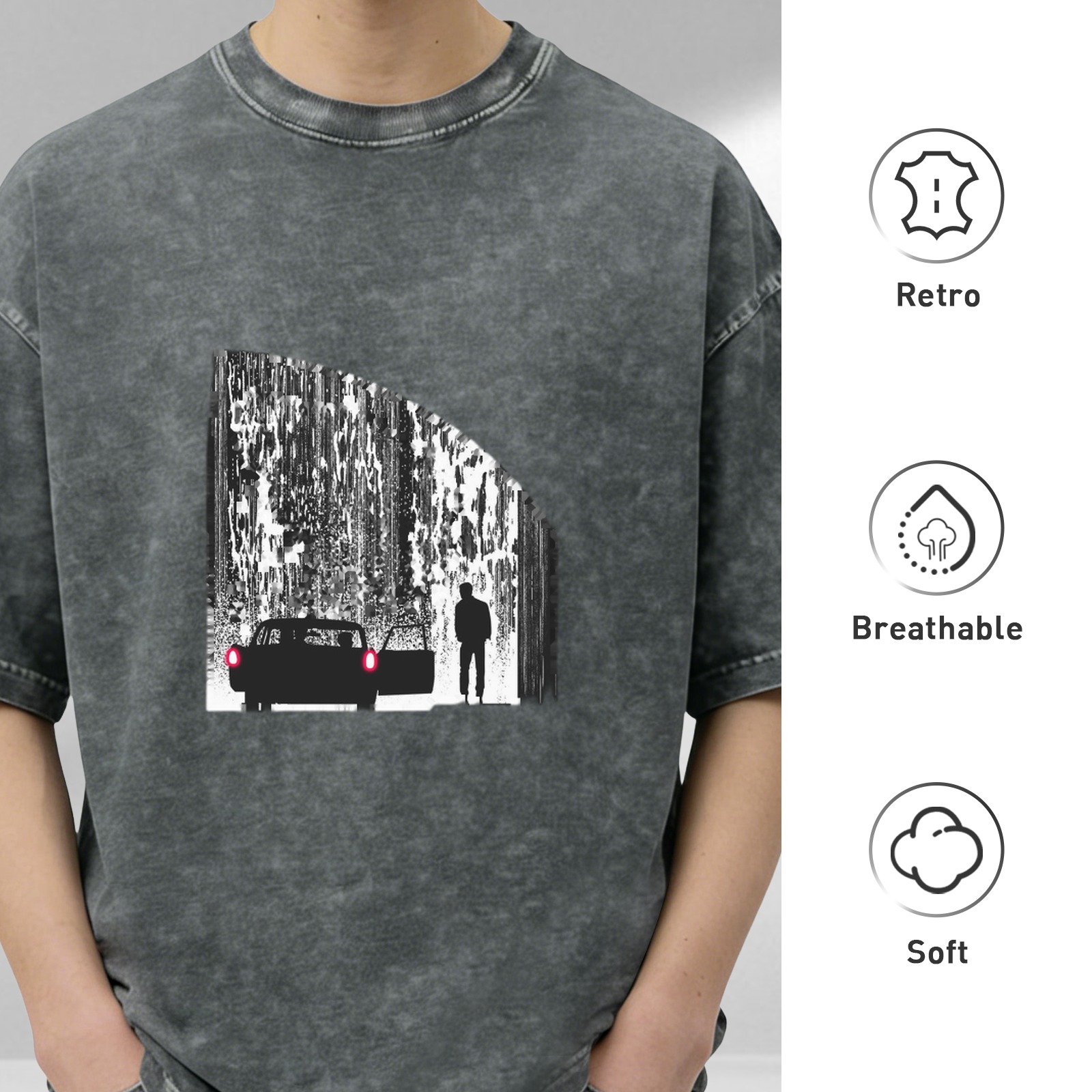 Oversized Acid Wash T-Shirt With Rainy Night Car Silhouette Graphic
