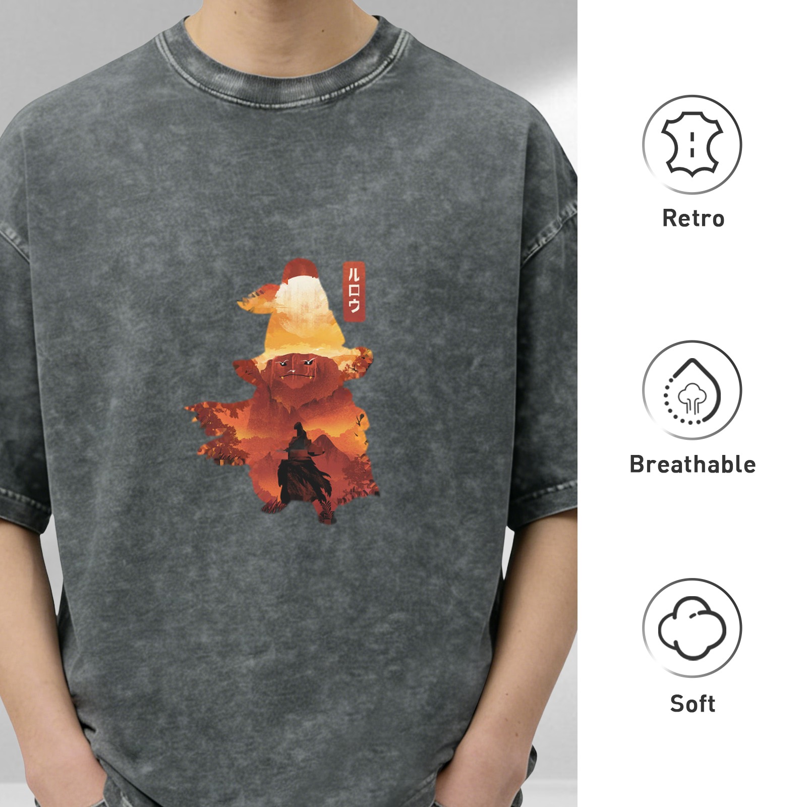 Oversized dark washed graphic t-shirt with wizard silhouette art