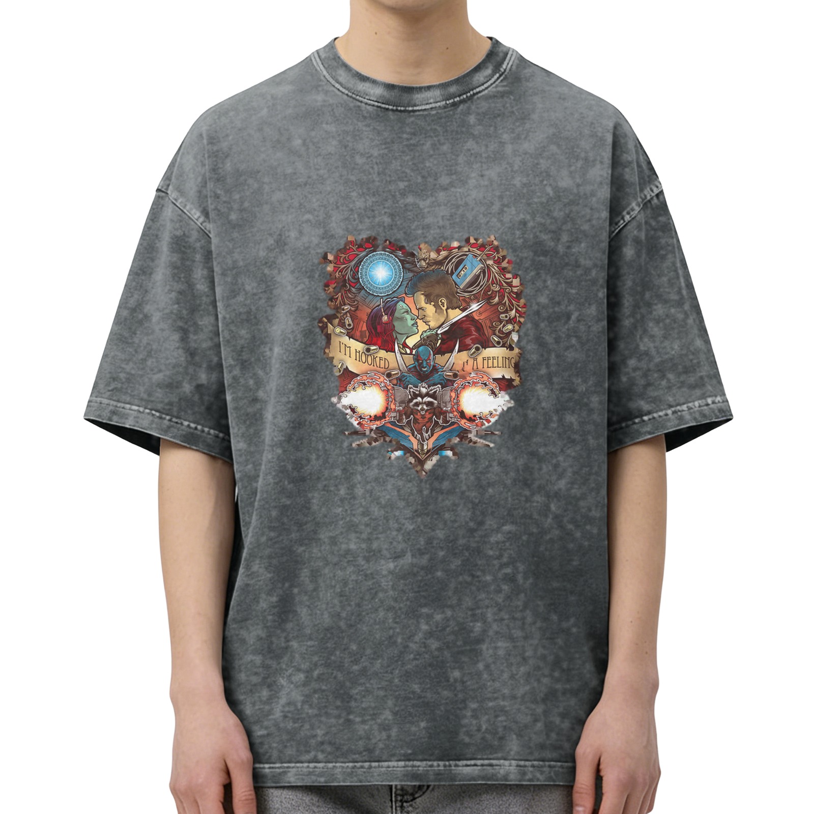 Washed Black T-Shirt with Guardians of the Galaxy Heart Graphic