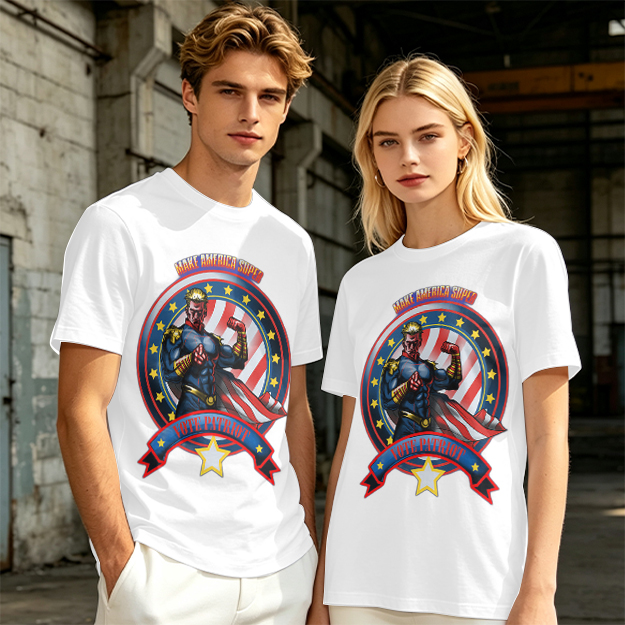 Olive t-shirt with patriotic superhero 'Make America Super' graphic