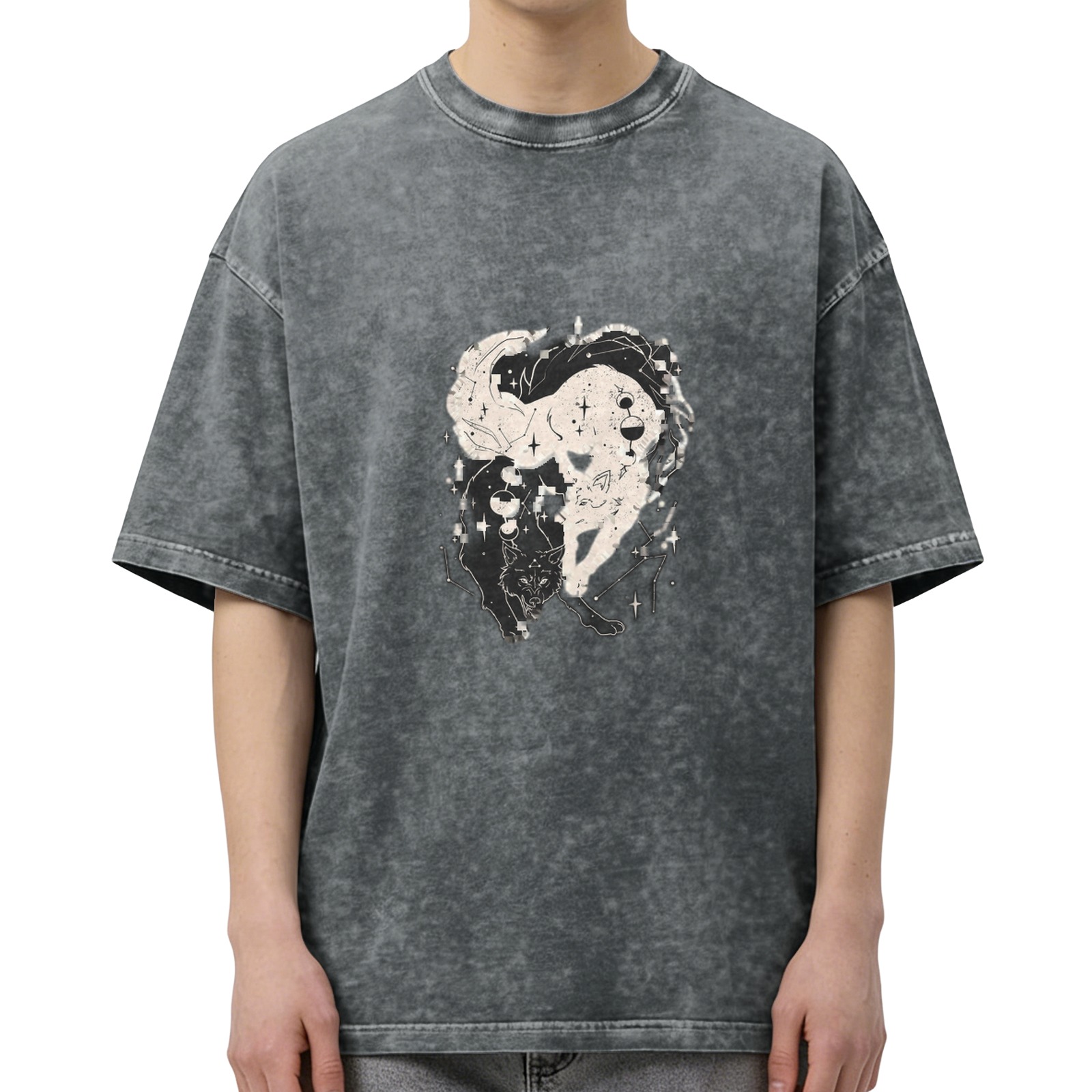 Distressed black loose short-sleeved T-shirt with starry sky nine-tailed fox pattern