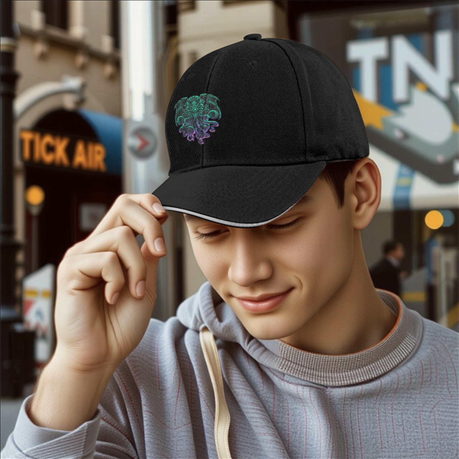Black Baseball Cap With Cthulhu Monster Graphic