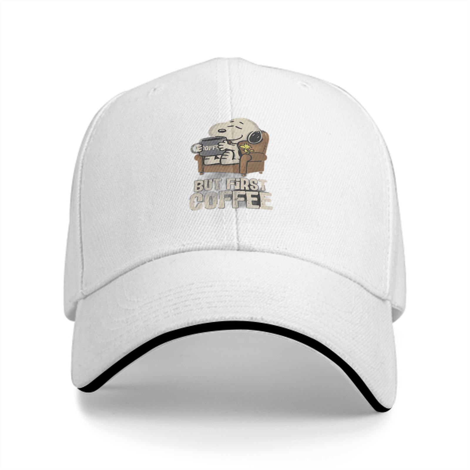 Black baseball cap with Snoopy 'But First Coffee' graphic