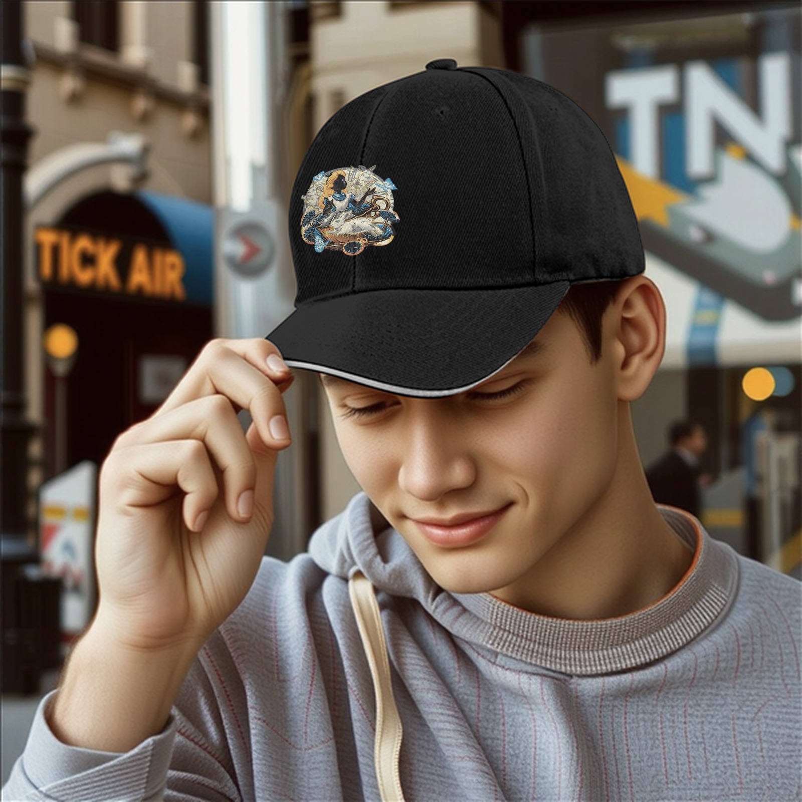 Black baseball cap with Alice in Wonderland themed graphic